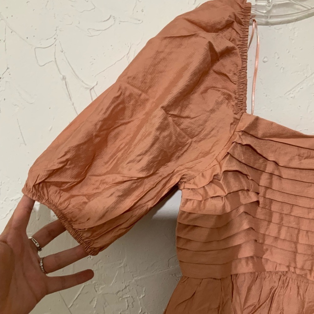 NWT Blu Pepper Peachy Brown Puff Sleeve Pleated Bodice Mini Dress Sz Large - Picture 5 of 9
